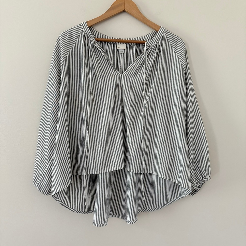 A New Day Blouse Medium Grey White Striped Tie Neck High Low Linen Blend Tops